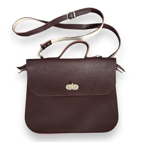 Italian Leather hand sewn Bordeaux burgundy bag crossbody attache top handle - Picture 1 of 16